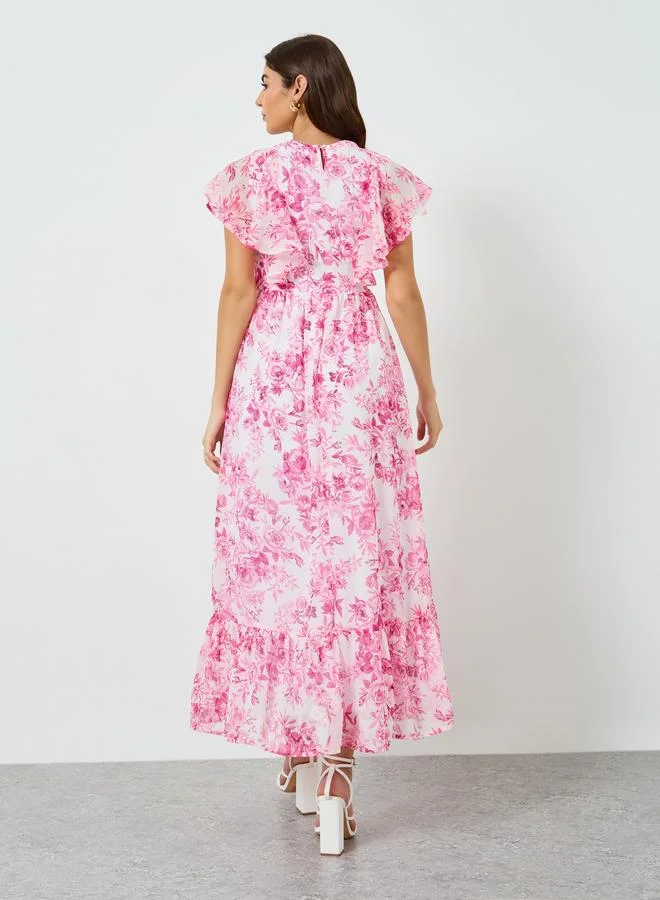 Styli  Women Pink Floral Print Ruffled Sleeves Maxi Dress for Women | Best Price UAE